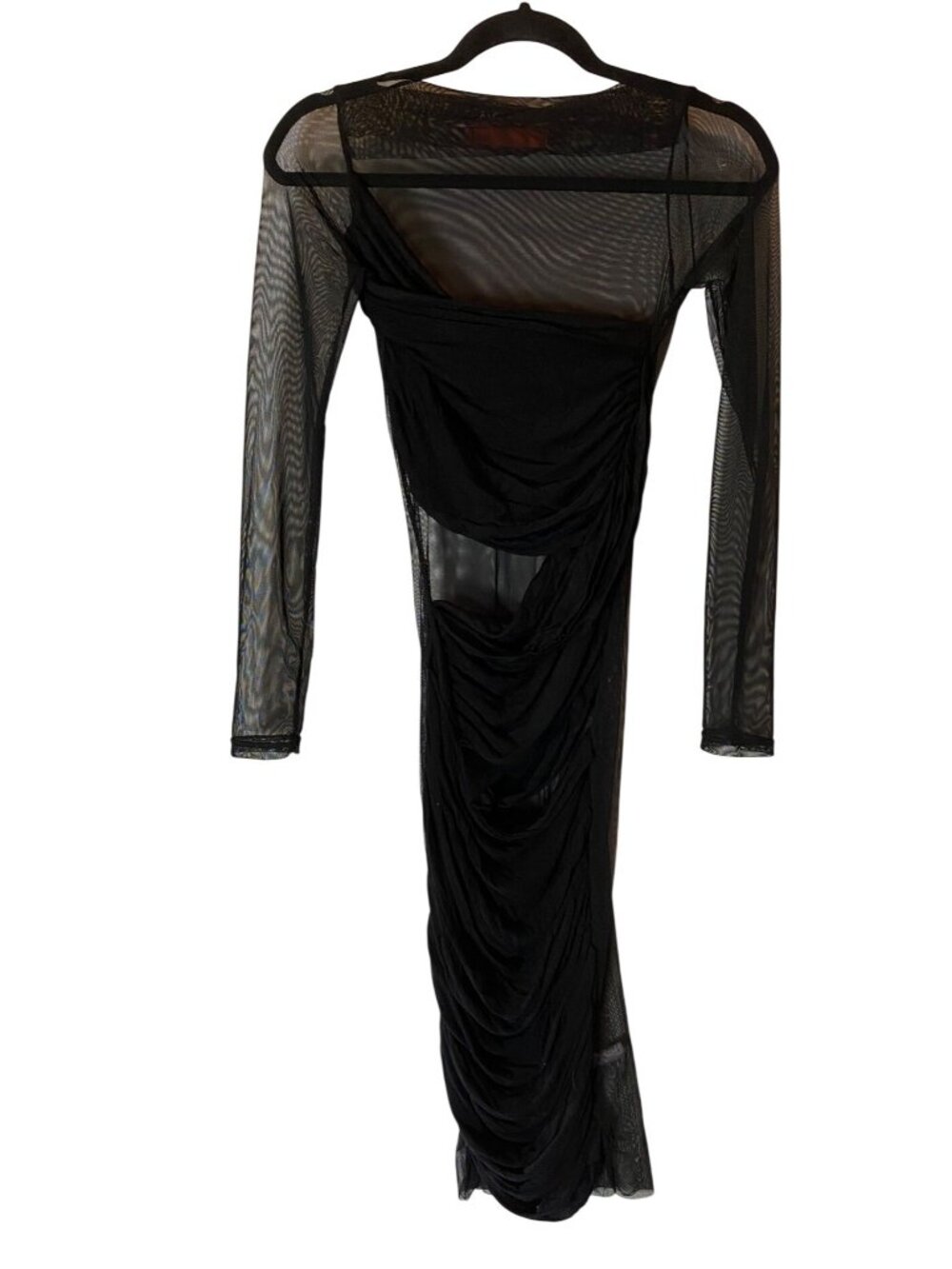 Sheer Black Mesh Long Sleeve Dress With Ruched Detail By Arancia Small